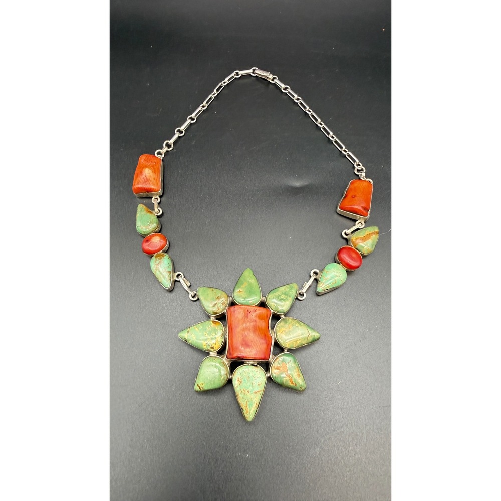 925 Sterling Silver Turquoise Coral Statement Necklace 17" 76g Artisan